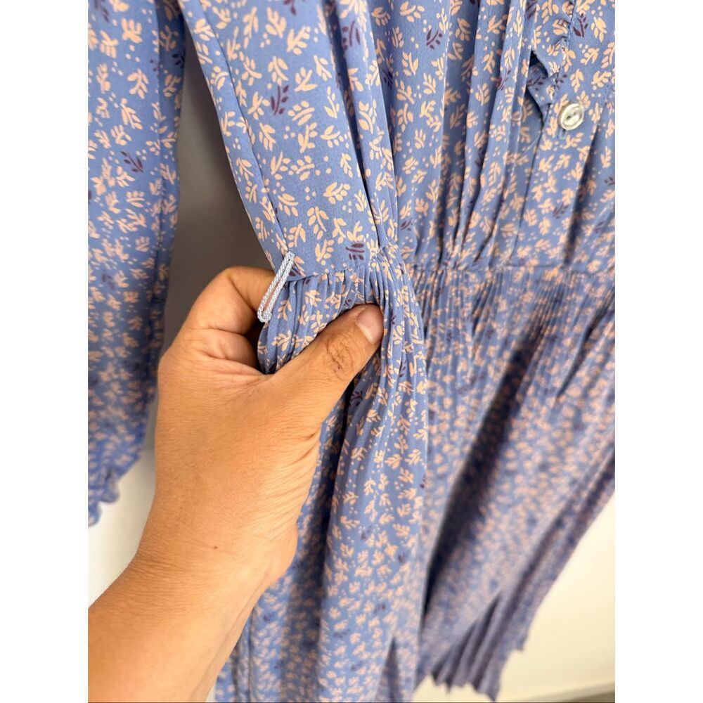 Vtg 70s 80s Prairie Midi Dress Pleated Sheer Floral Cottagecore Boho Ribbon Tie - Picture 4 of 9